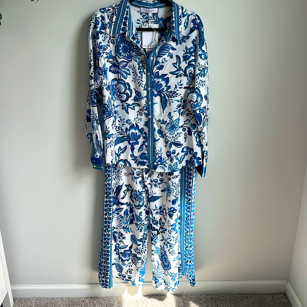Sugarlips Blue and White Floral Wide Leg Jumpsuit
